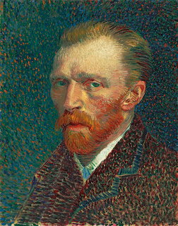 Vincent van Gogh self-portrait painting with red beard, white collar, and dark jacket against teal background