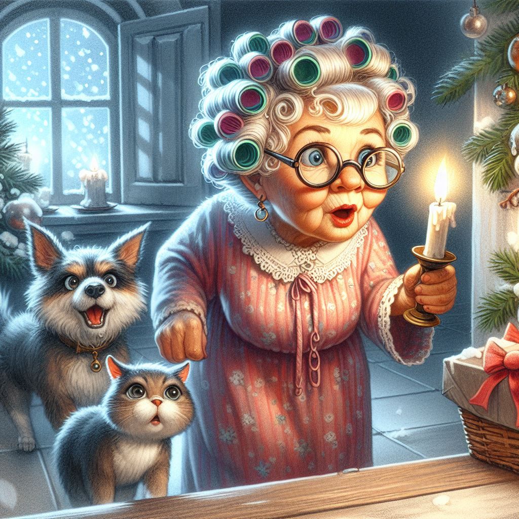 Cartoon grandma in curlers holding candle with dog and cat beside Christmas tree