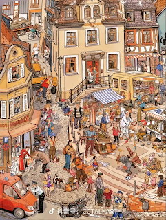 Detailed illustration of a crowded town square with buildings, cafes, people, and street life from aerial perspective