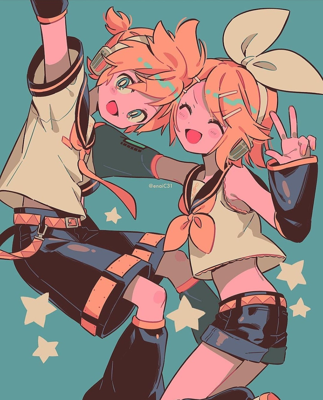 Anime drawing of Kagamine Rin and Len twins posing happily with peace signs on teal background with stars
