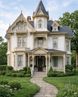 White Victorian mansion with tower and ornate architectural details surrounded by green lawn