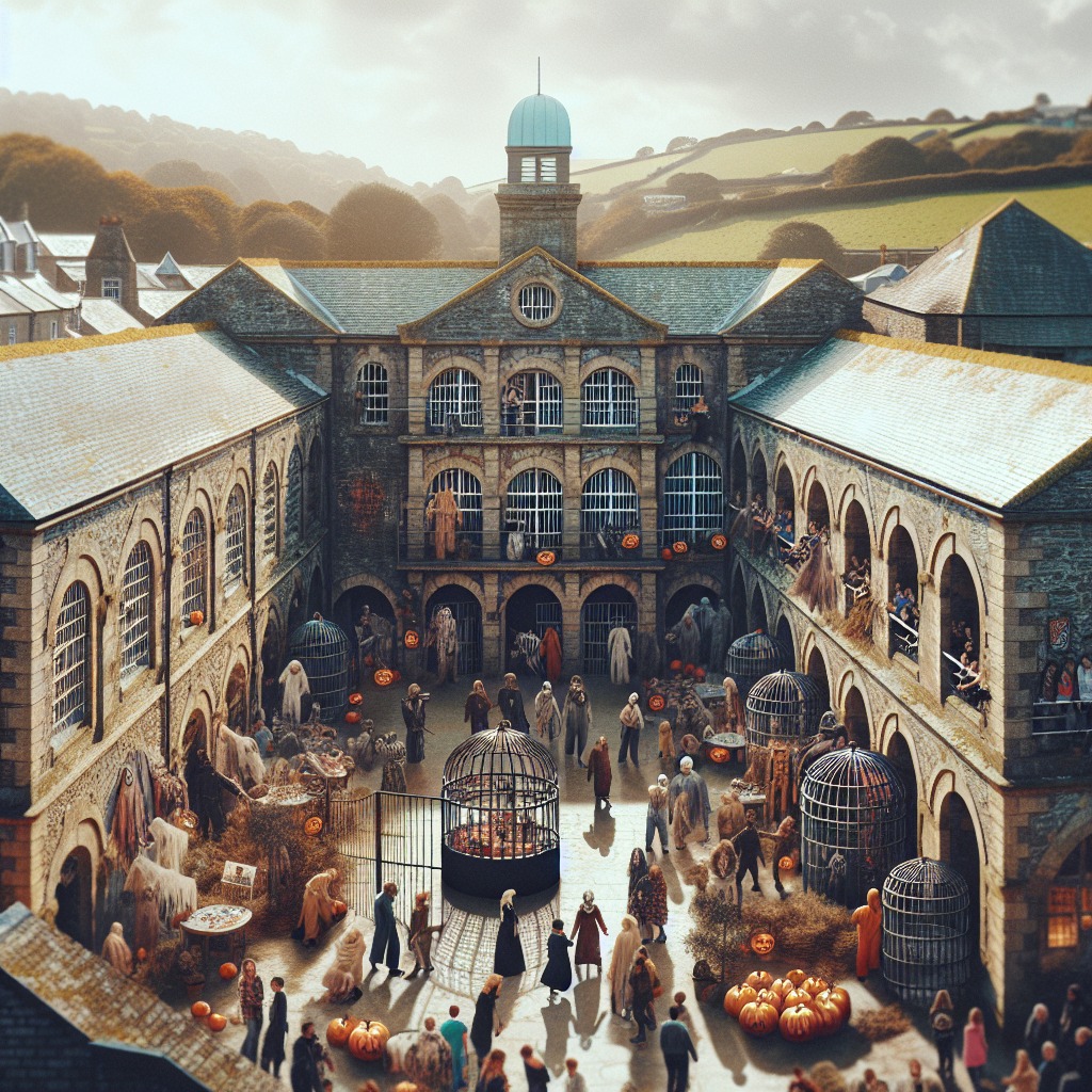 Stylized old stone jail courtyard with people, arches, and large cages