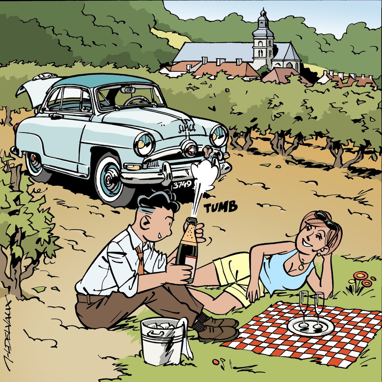 Vintage illustration of couple picnicking beside classic Simca Aronde car in rural countryside with church in background