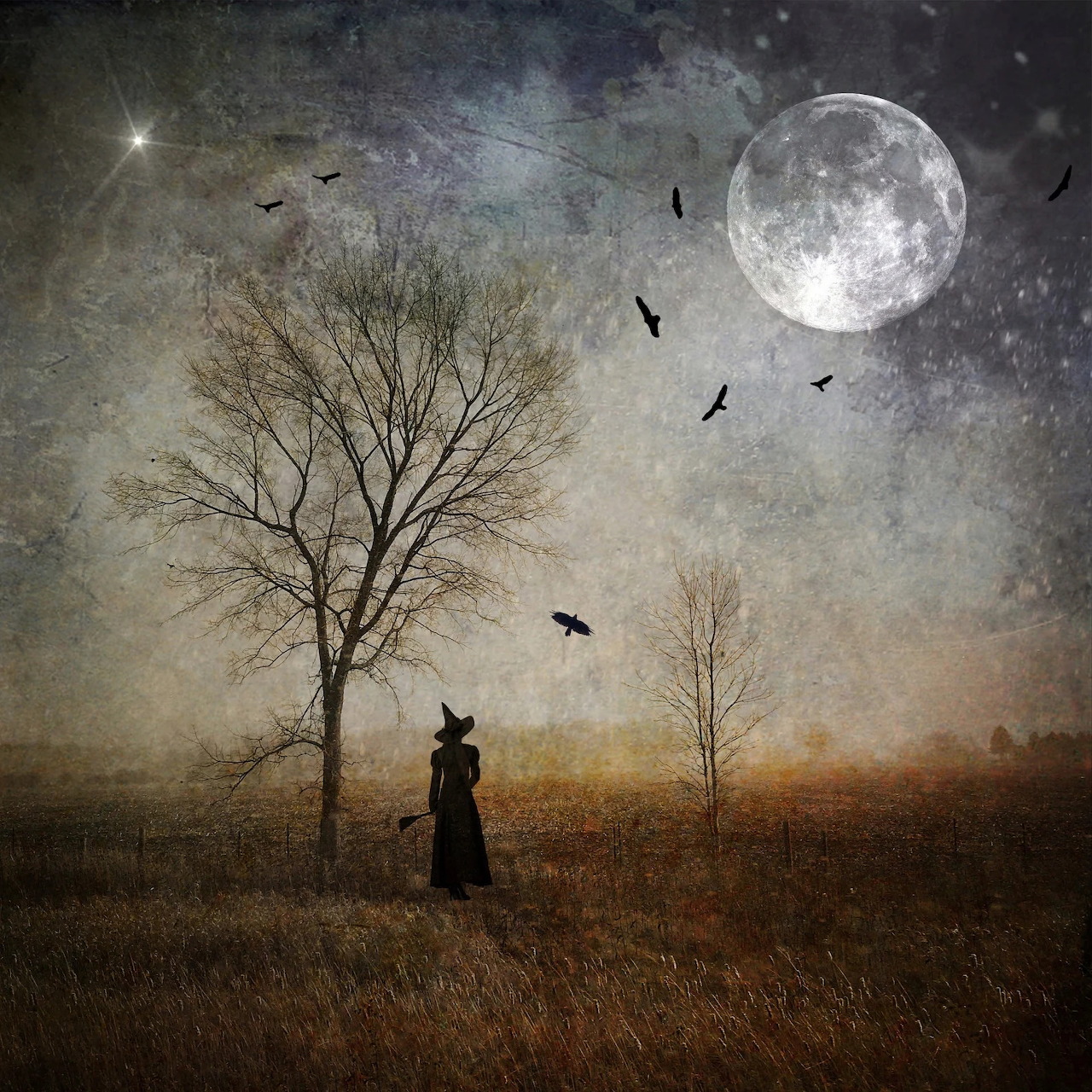 Witch silhouette in field under full moon with bare trees and birds in night sky