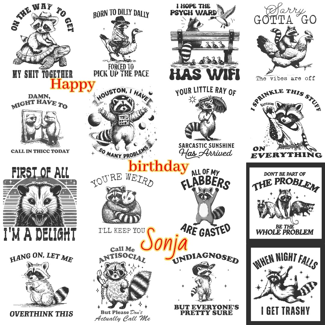 Collage of funny birthday quotes with vintage animal drawings and orange text accents