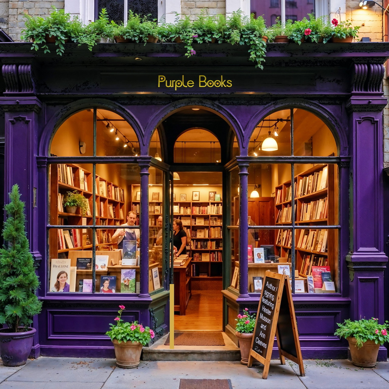 Purple bookshop storefront with arched windows, bookshelves, plants, and a chalkboard sign