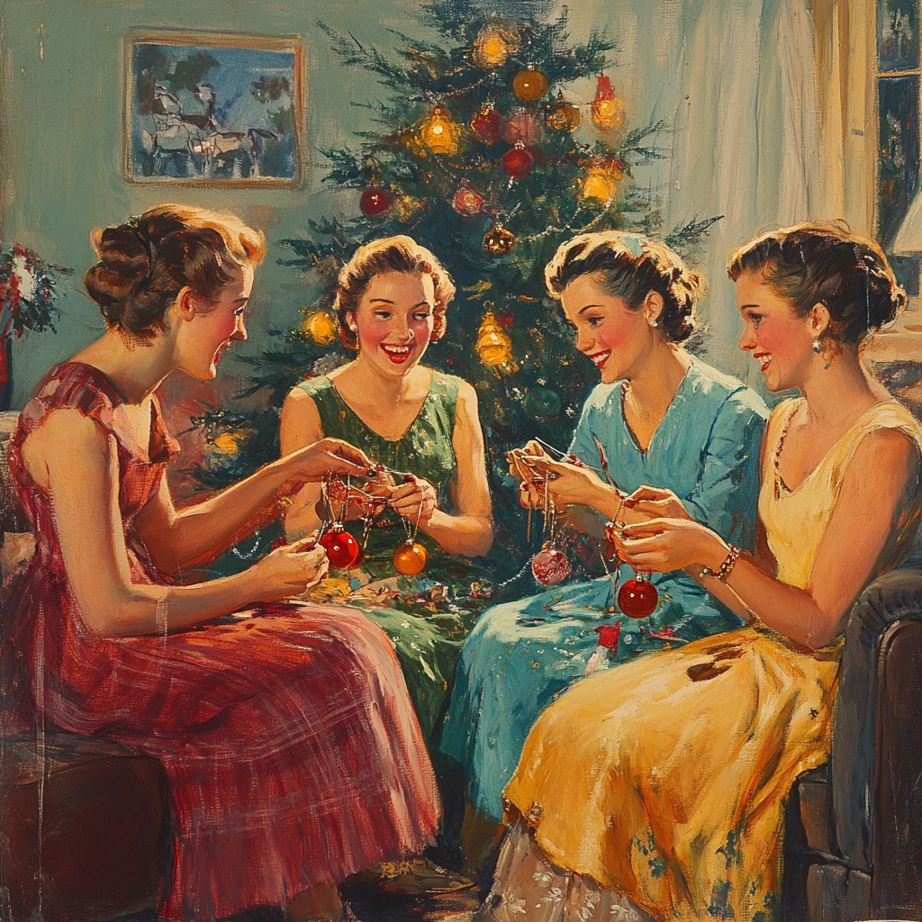 Four women in evening dresses socializing at a Christmas party with decorated tree in vintage 1950s style painting