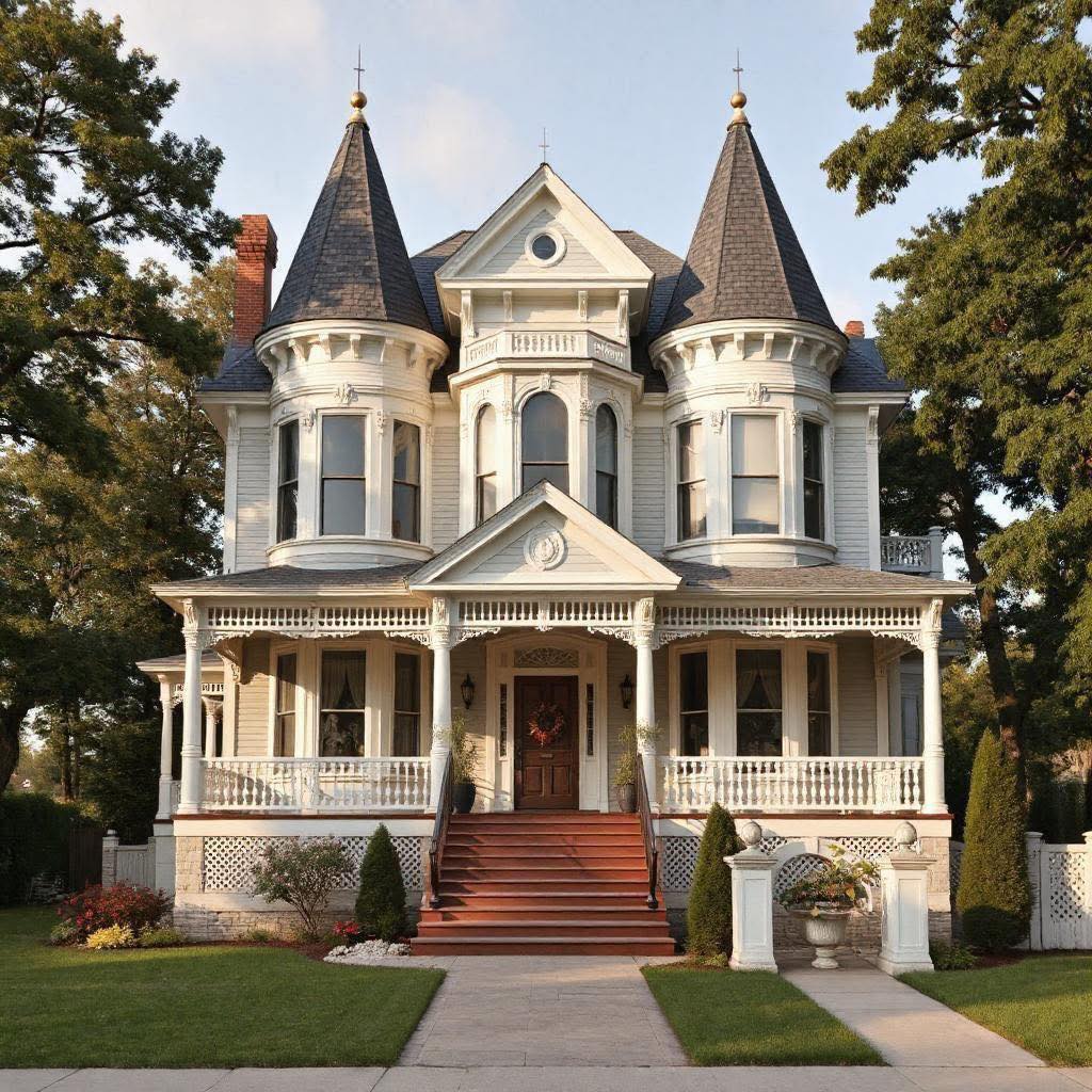 White Victorian mansion with turrets and front porch on green lawn
