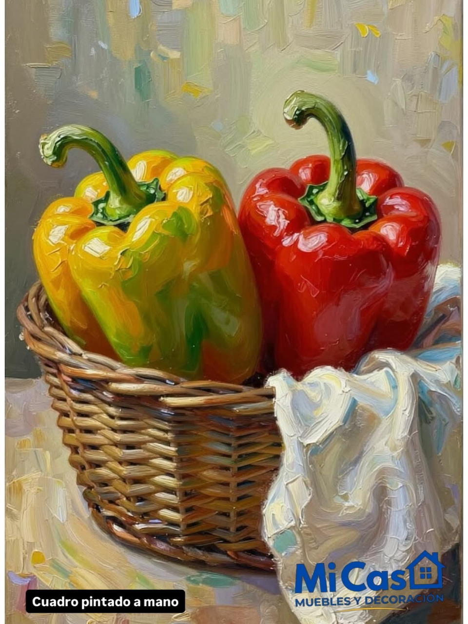 Oil painting of red, yellow, and green bell peppers in a wicker basket with white cloth