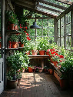 Sunlit greenhouse porch with many potted plants and red flowers by tall windows