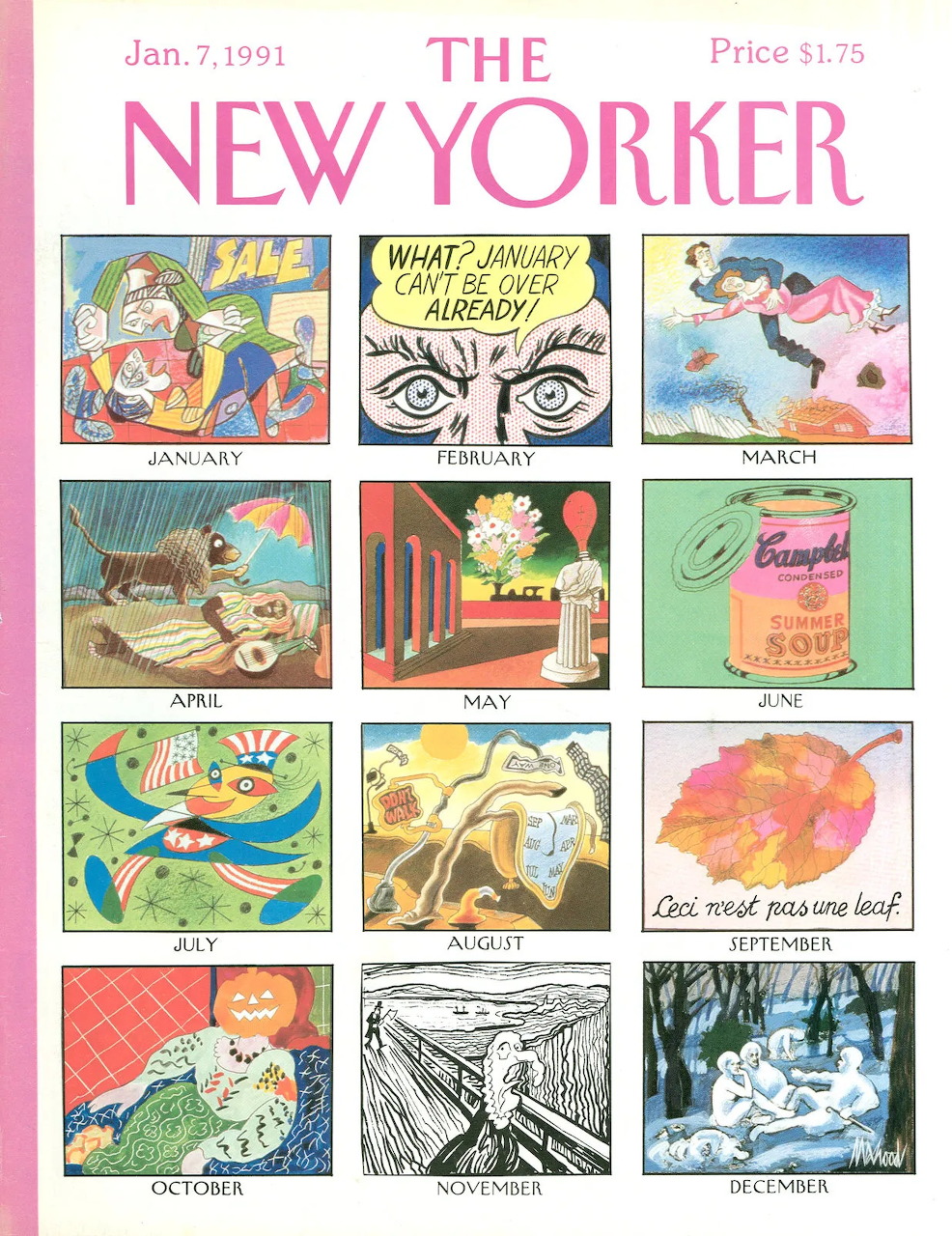 New Yorker magazine cover with grid of illustrated cartoon panels in pink border