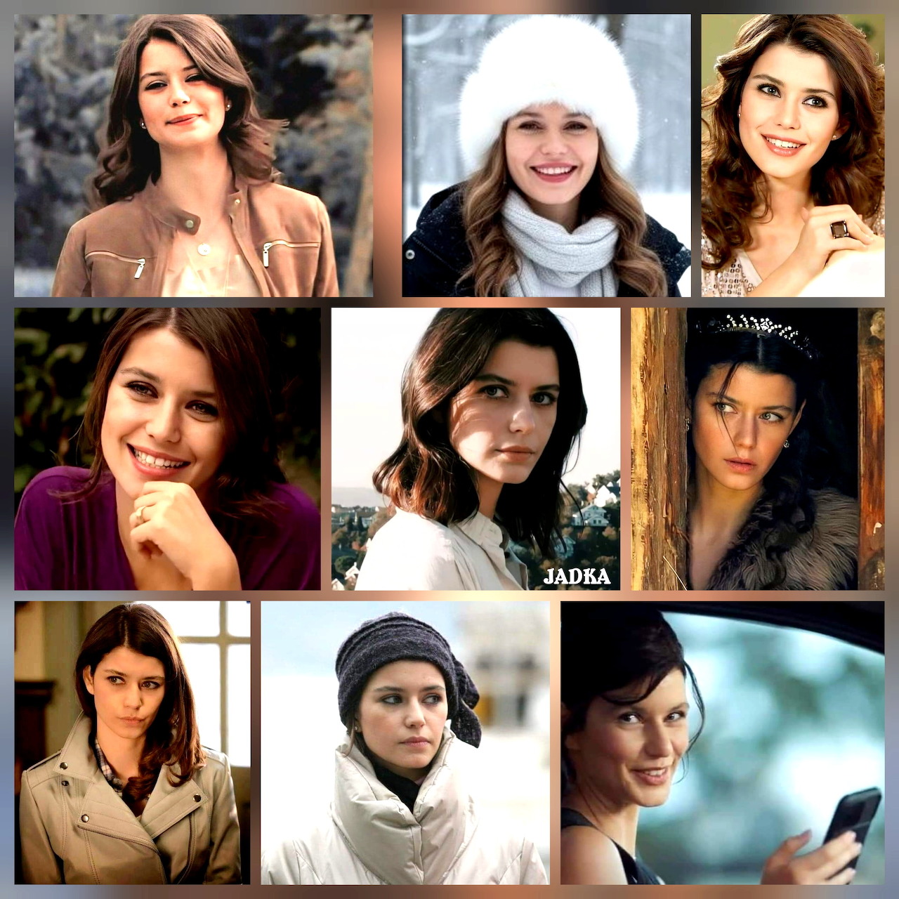 Nine portrait photos of Beren Saat in a grid collage showing various looks and expressions