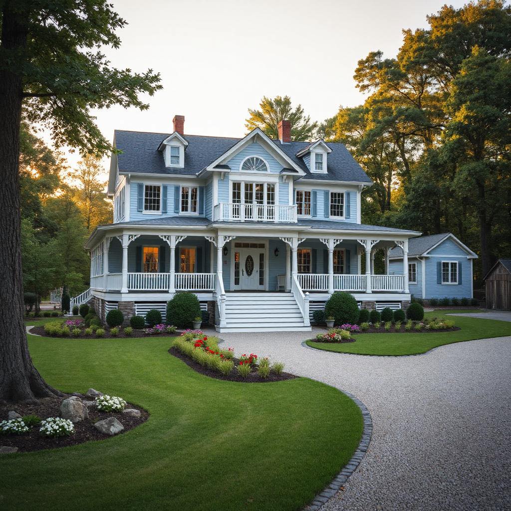 Large Victorian house with white exterior, green shutters, wraparound porch, and manicured lawn with flower beds