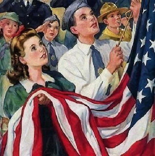 Vintage illustration of young people holding an American flag in a crowd