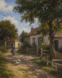 Painting of a sunny village path with white cottages, trees, a girl, and white geese