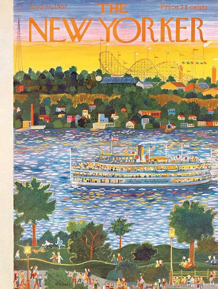 Illustrated riverboat on water with bridge, hills, and houses at sunset in folk art style