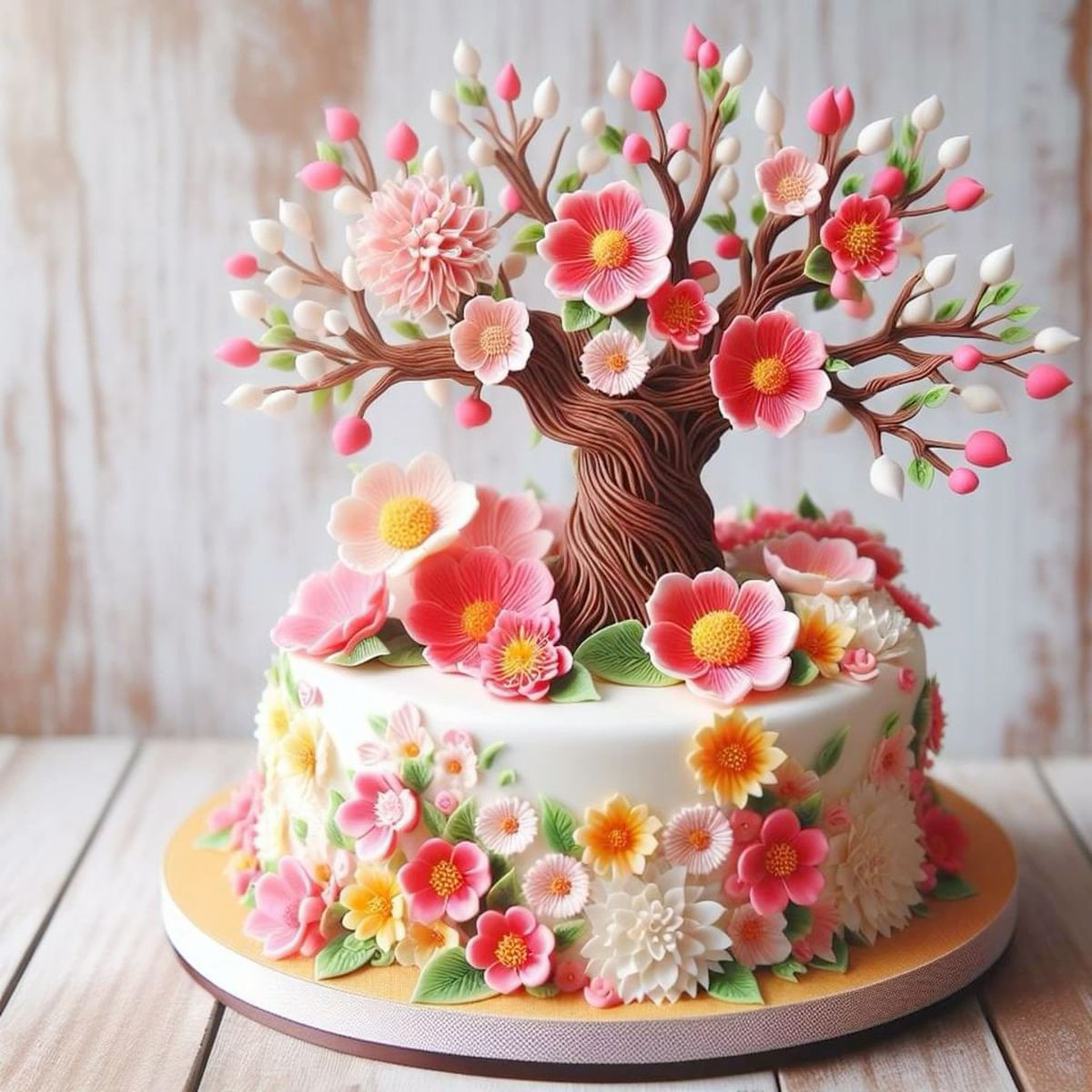 Decorative cake with a blossom tree topper and colorful flower icing decorations