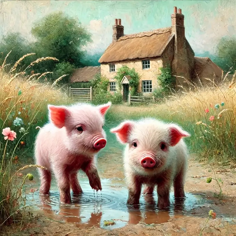 Two pink piglets in a puddle before a cottage in a pastoral setting