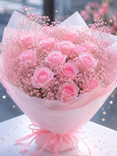 Bouquet of pink roses with baby's breath wrapped in pink and white paper with a pink ribbon