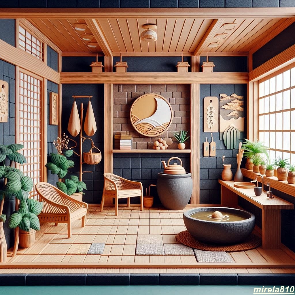Japanese bathroom interior with wood ceiling, round tub, shoji screens, and minimalist decor