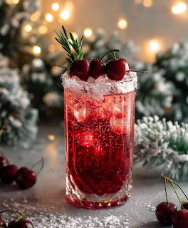 Red cranberry cocktail in crystal glass with cranberry and rosemary garnish amid Christmas greenery and lights