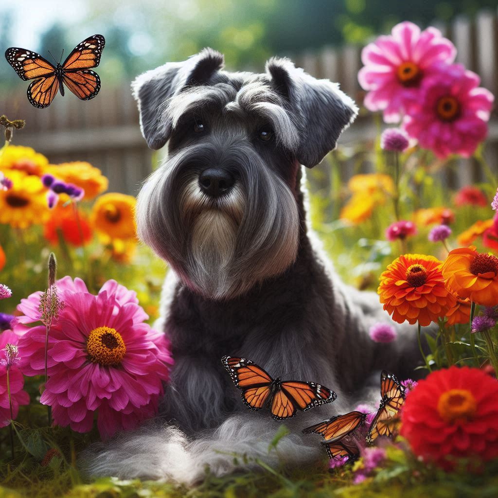 Gray Cesky Terrier dog sitting in colorful flower garden with butterflies