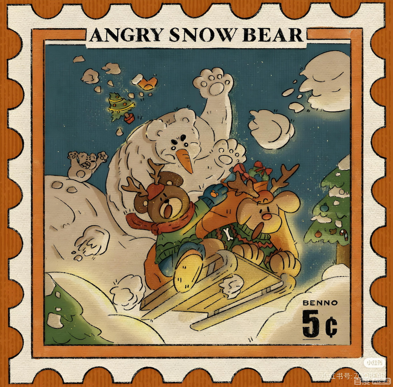 Vintage illustration of angry polar bear chasing Santa and reindeer on sleigh through snowy landscape