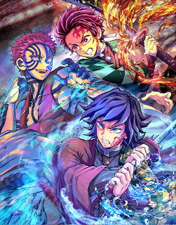 Anime characters Giyu and Akaza in explosive combat with swirling blue and fire energy effects