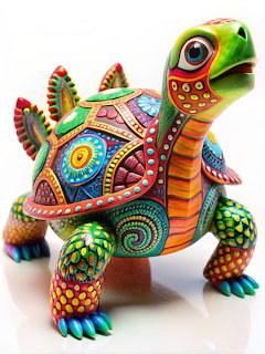 Brightly painted Mexican alebrije turtle sculpture with geometric patterns in rainbow colors