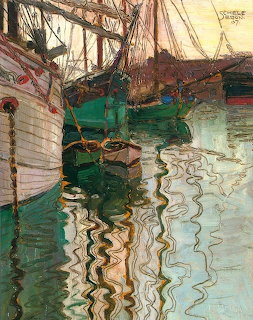 Expressionist painting of sailboats with turquoise hulls and reflections in harbor water by Egon Schiele
