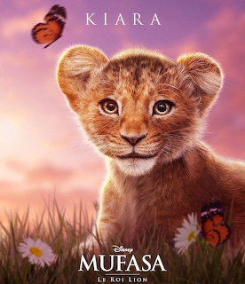 Adorable lion cub with golden fur looking at camera against purple-pink sky with monarch butterfly and white daisies