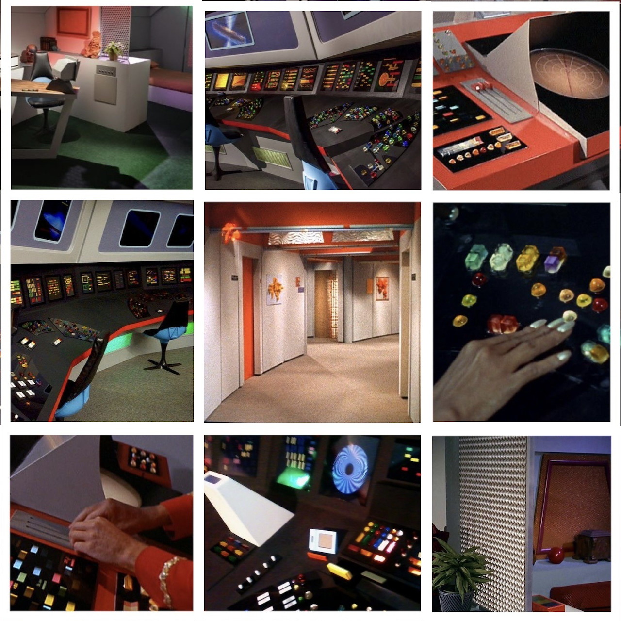 Nine-image collage of Star Trek-style spaceship interiors, control panels, corridor, and colorful buttons