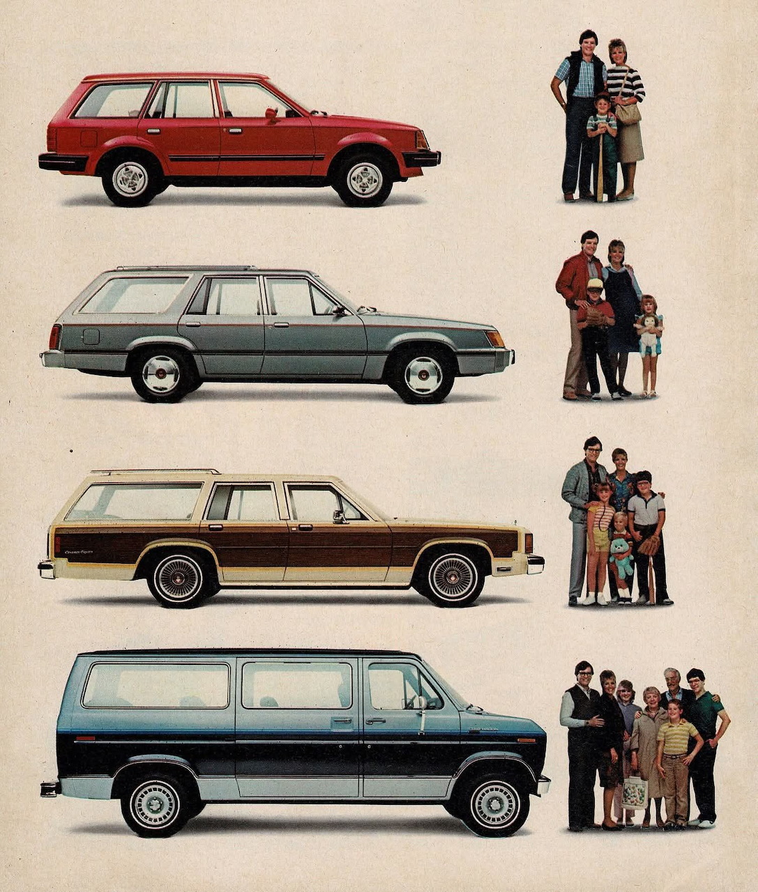 Illustration of four 1985 Ford vehicles lined up vertically with families standing beside each one