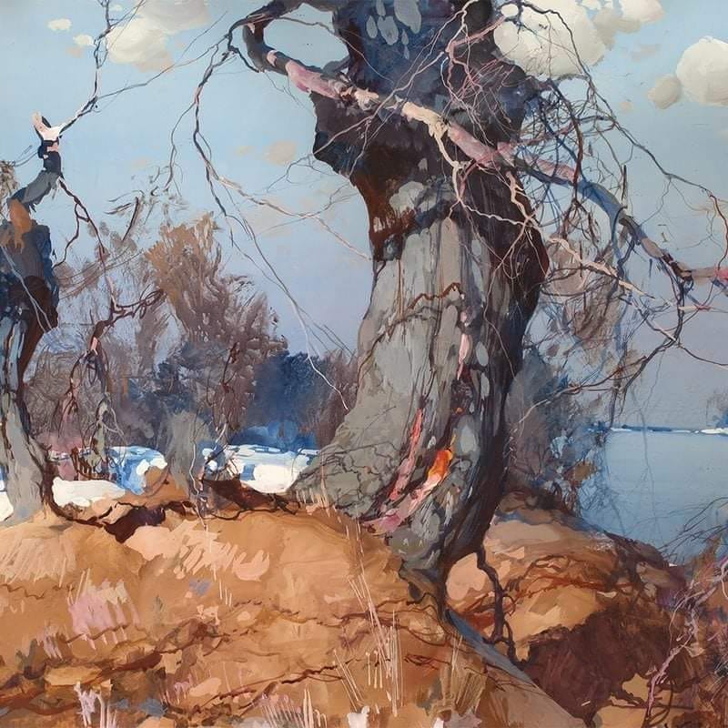 Painting of a bare tree with twisting branches on a riverbank beneath a light blue sky