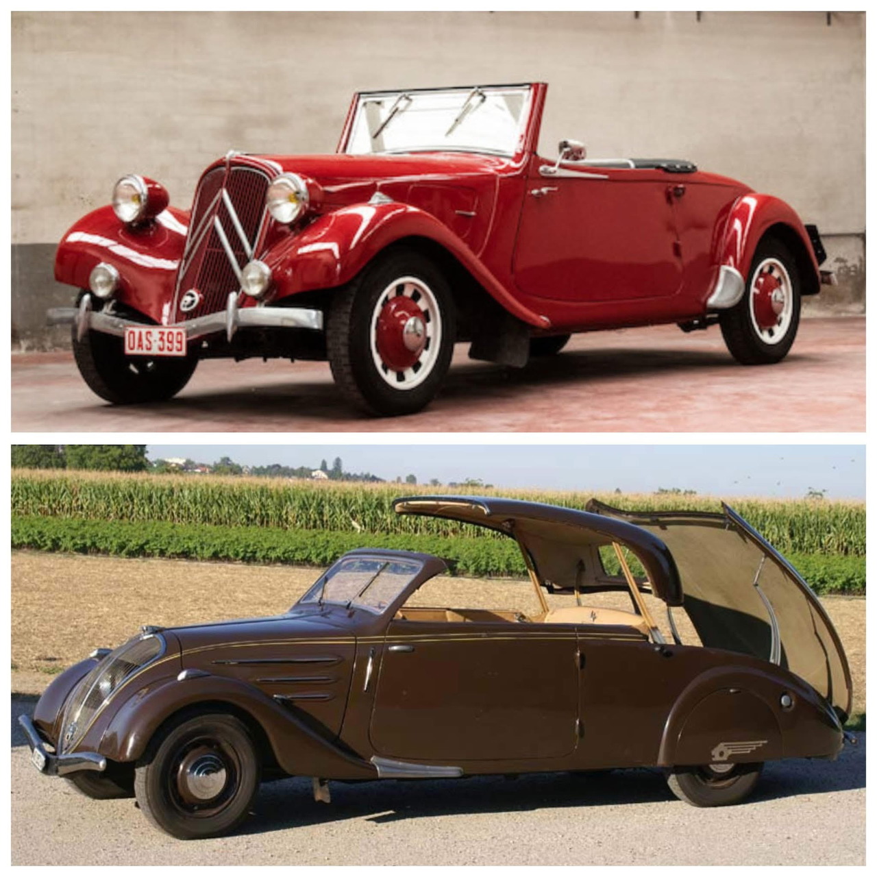 Two vintage Citroën Traction Avant cars, red convertible above and black sedan below
