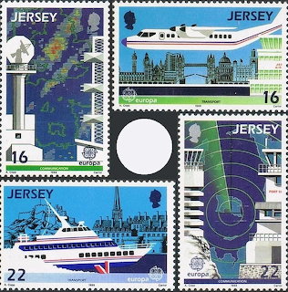 Four illustrated Jersey postage stamps with maps, a train, a ferry, and a radar design