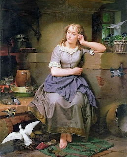 Young woman in peasant dress seated with white doves in cottage interior, classical painting style