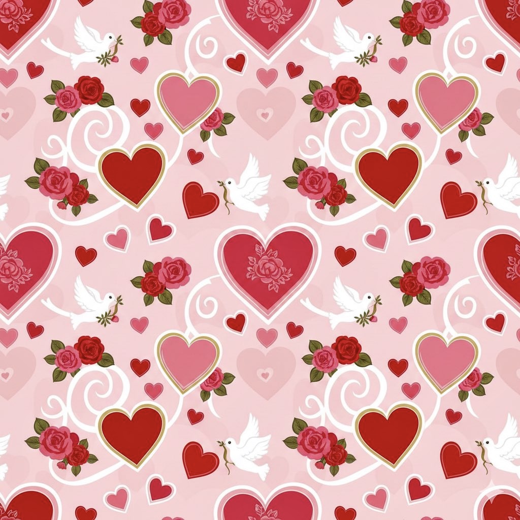 Seamless Valentine pattern with hearts, doves, and roses on pink background