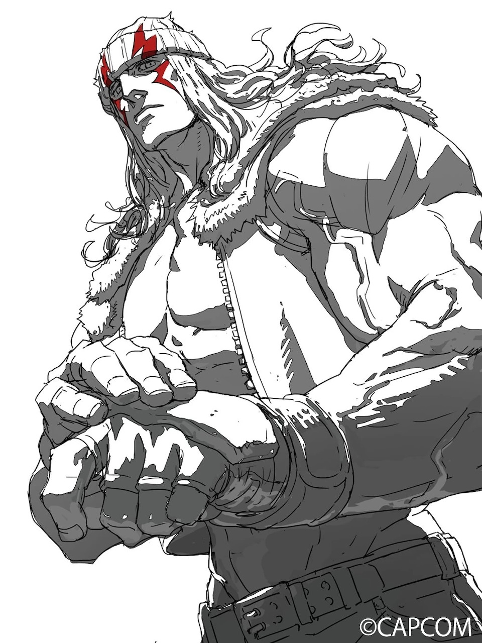 Grayscale illustration of Alex from Street Fighter 6 with red headband markings, arms crossed, wearing a fur-collar jacket.