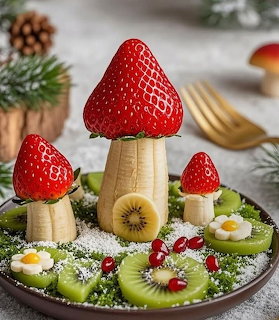 Whimsical fruit dessert shaped like mushrooms with strawberries on banana stems, surrounded by kiwi slices and flowers