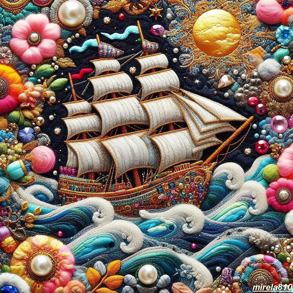 Ship Patchwork Embellished Art