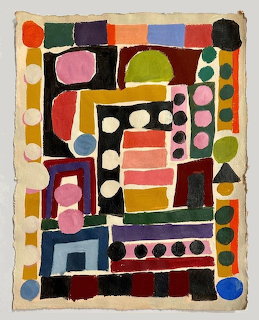 Abstract painting with colorful geometric shapes, circles, and rectangles on cream paper