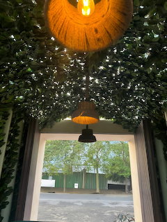 Cafe entrance under a green vine canopy with woven pendant lights and a view of an outdoor courtyard