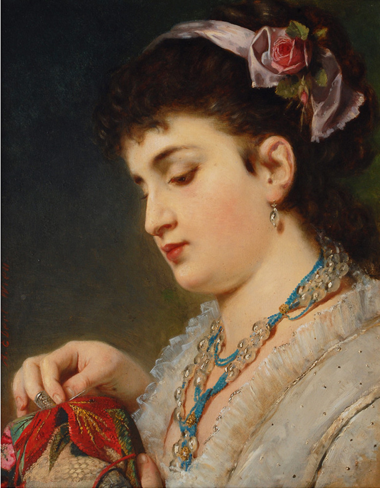 Oil painting of young woman in white dress with blue trim sewing red fabric, flowers in her upswept hair