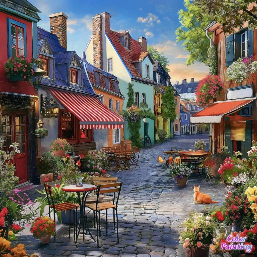 Colorful European village street with cafes, flowers, and cobblestones at sunset
