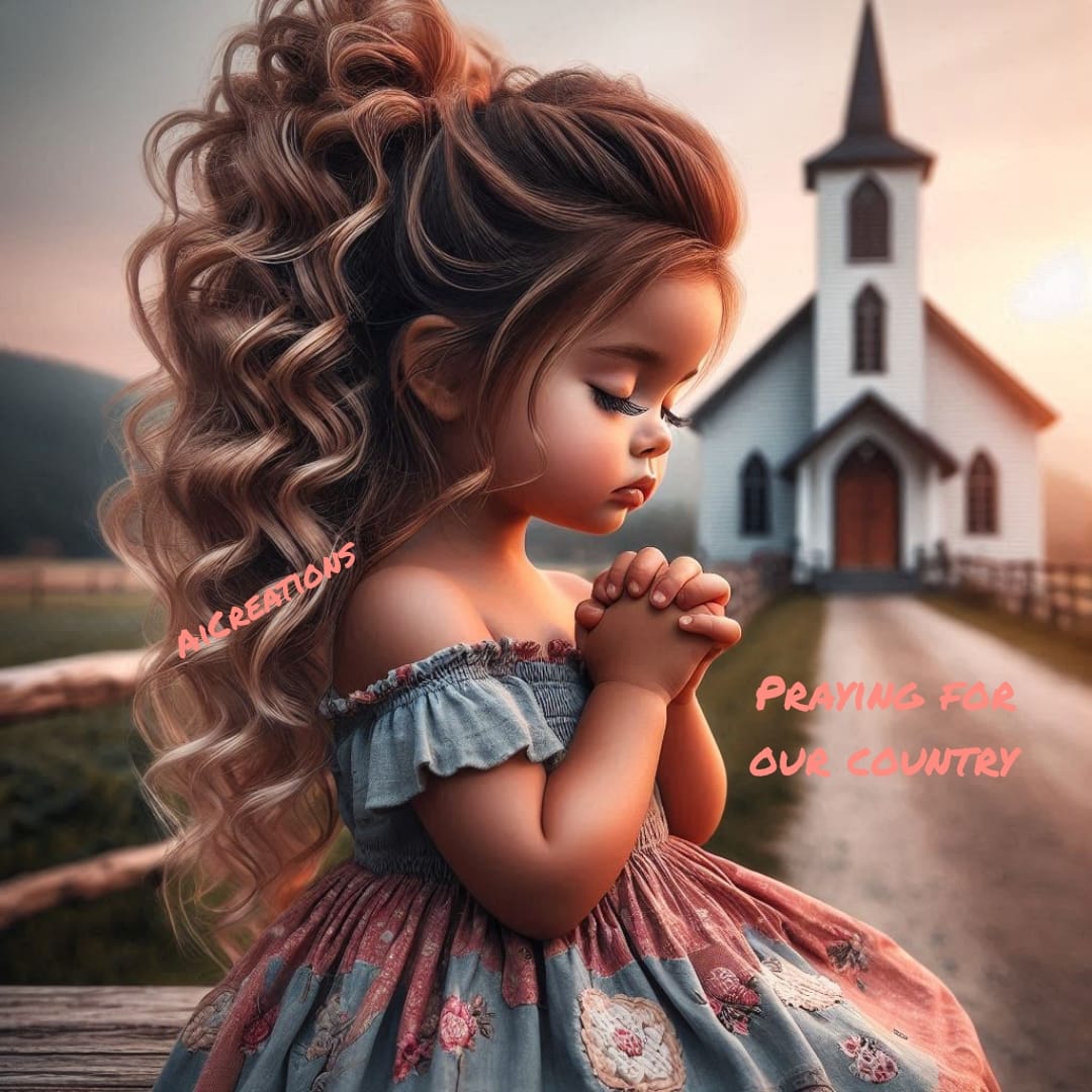 Stylized young girl praying with a small church in the background