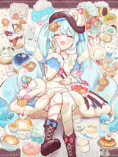 Anime girl with blue hair wearing a winter hat surrounded by colorful desserts and sweets