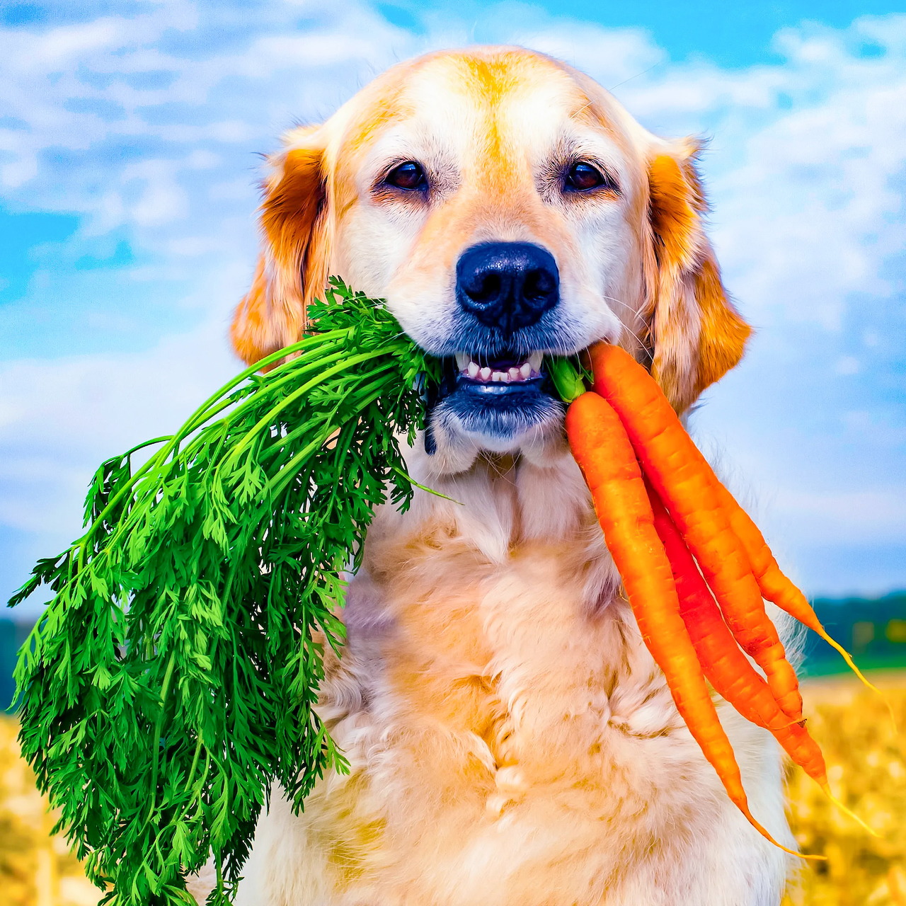 Golden retriever dog holding bunch of carrots with green tops in mouth outdoors
