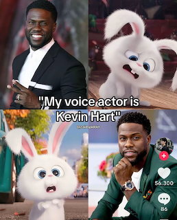 Four-panel meme with Kevin Hart and a white animated rabbit, plus caption text.