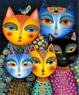 Four stylized cat faces with colorful patterns, large expressive eyes, and decorative details on dark background